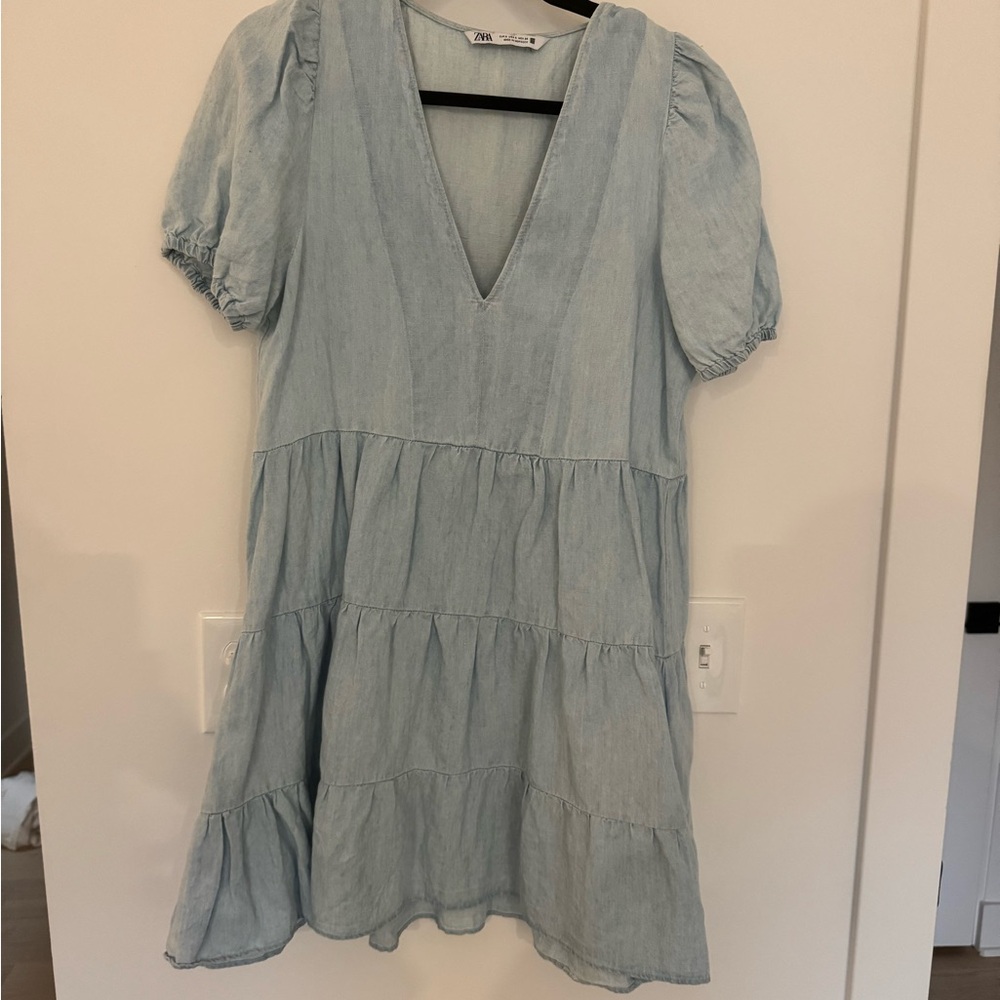 Zara Chambray V-Neck Tiered Dress